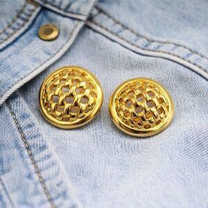 Vintage Gold Tone Woven Dome Earrings Chunky Statement Studs Old Money Style